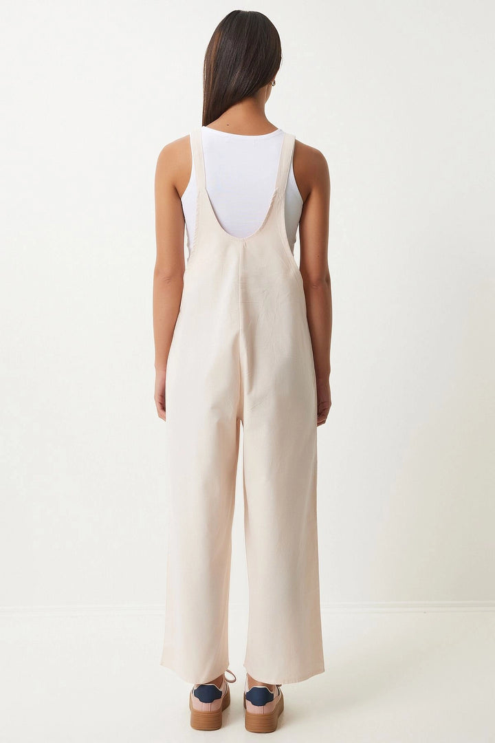Light Beige Front Pocketed Strappy Summer Gabardine Gardener Jumpsuit - San Antonio Abad