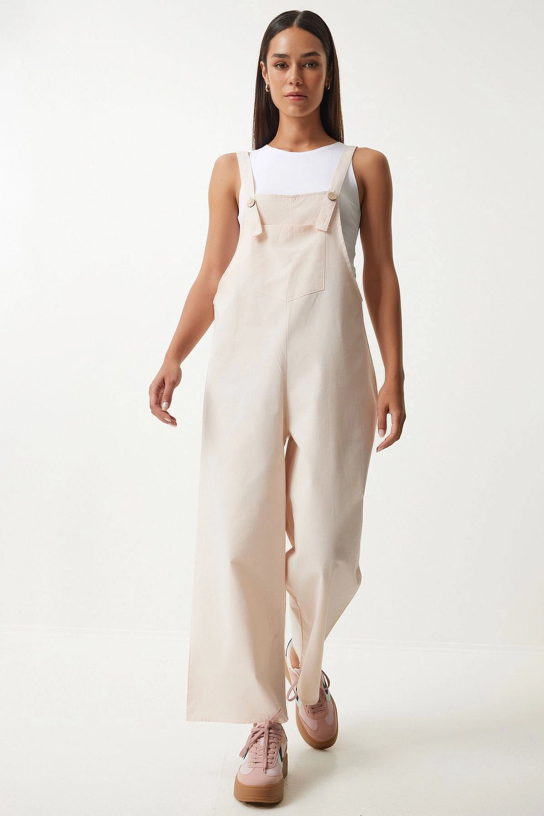 Light Beige Front Pocketed Strappy Summer Gabardine Gardener Jumpsuit - San Antonio Abad