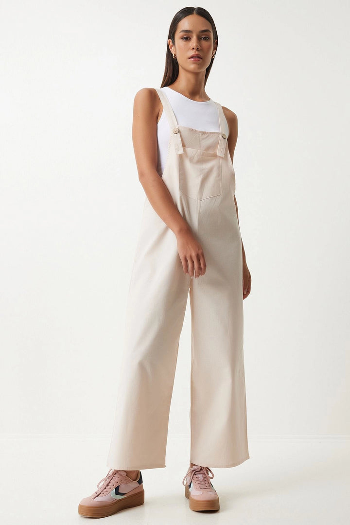 Light Beige Front Pocketed Strappy Summer Gabardine Gardener Jumpsuit - San Antonio Abad