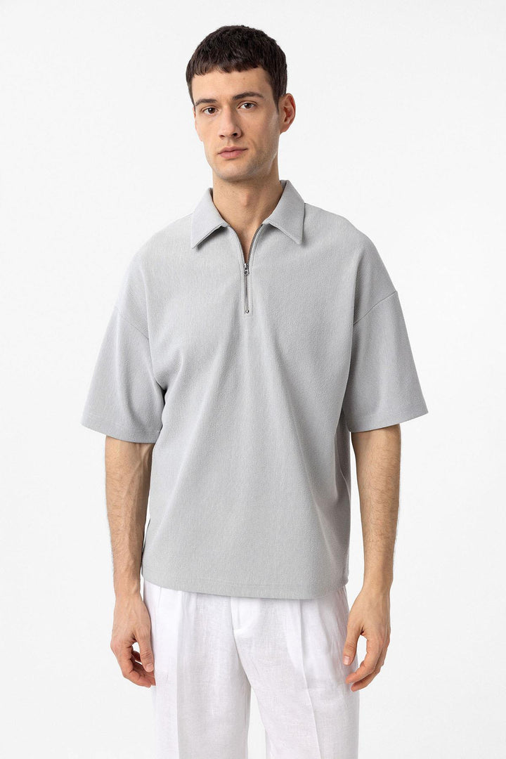 ANT Antioch Açık Gri Relax Fit Fermuarlı Polo Yaka Erkek T-Shirt - Korosten