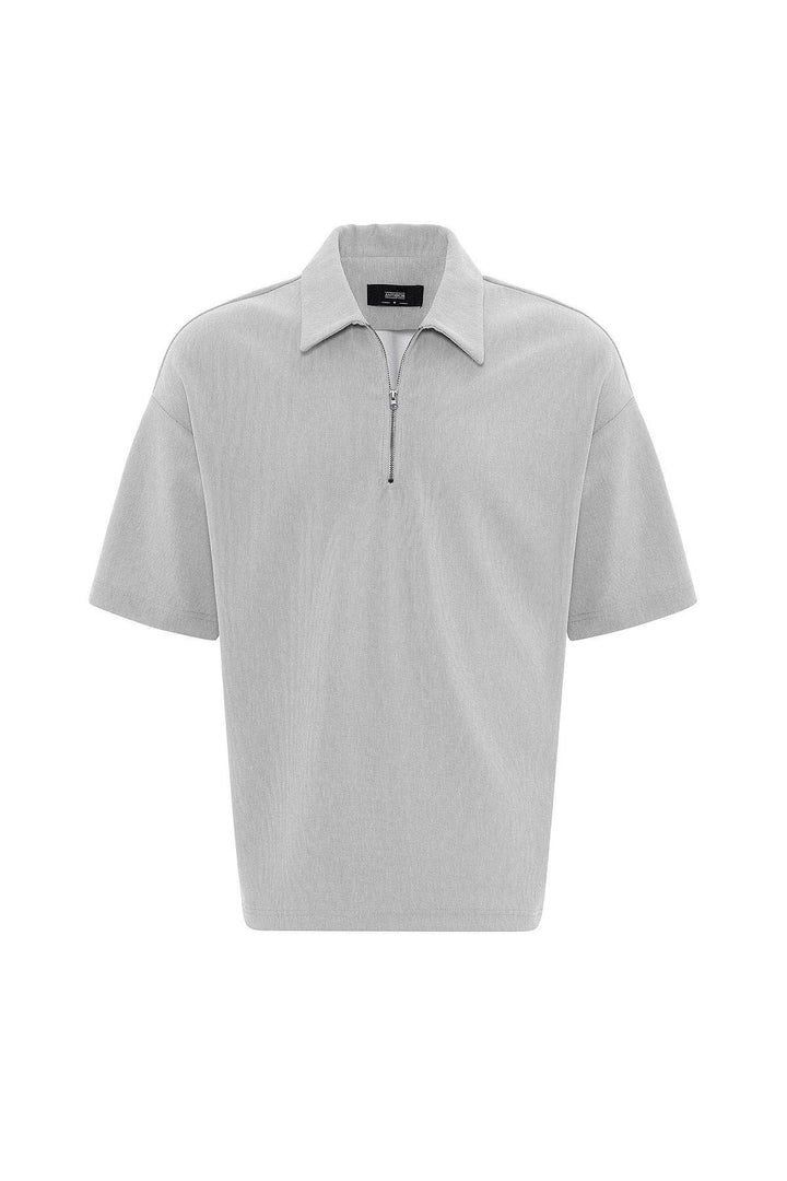 ANT Antioch Açık Gri Relax Fit Fermuarlı Polo Yaka Erkek T-Shirt - Korosten
