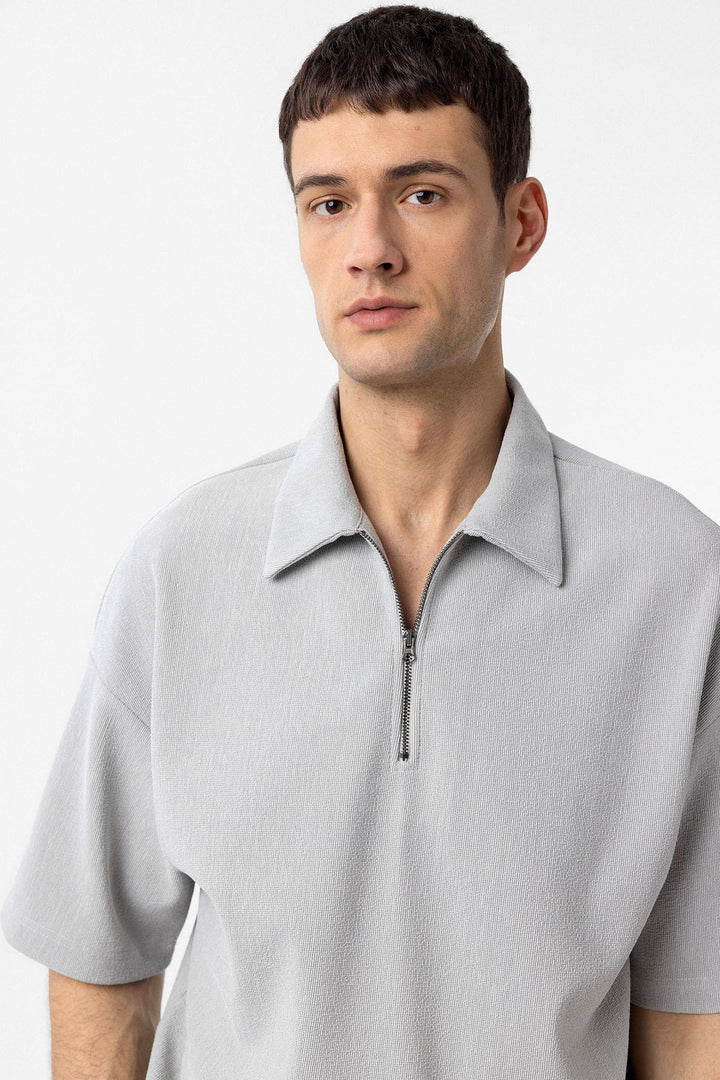 ANT Antioch Açık Gri Relax Fit Fermuarlı Polo Yaka Erkek T-Shirt - Korosten