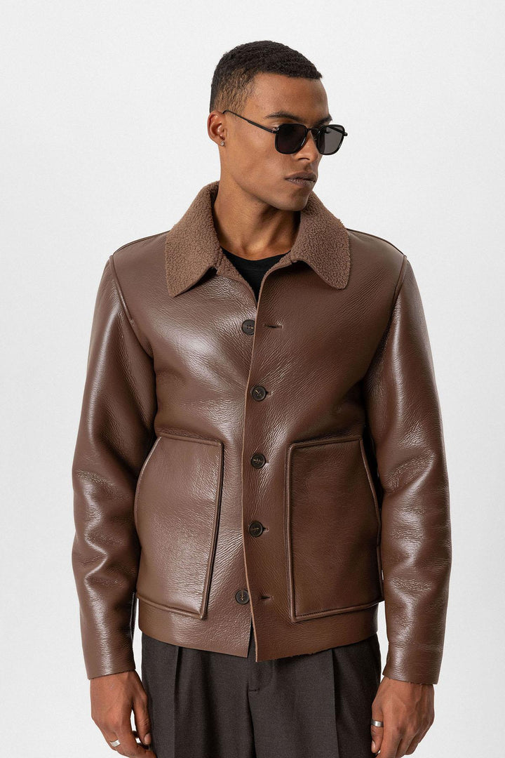 ANT Lining Detailed Faux Leather Men's Coat - Draper