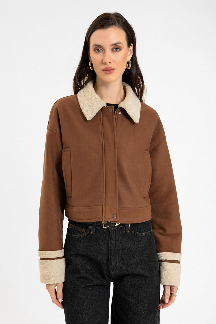 ANT Antioch Open Coffee Women's Lined Detailed Textured Coat - Los Reyes de Salgado