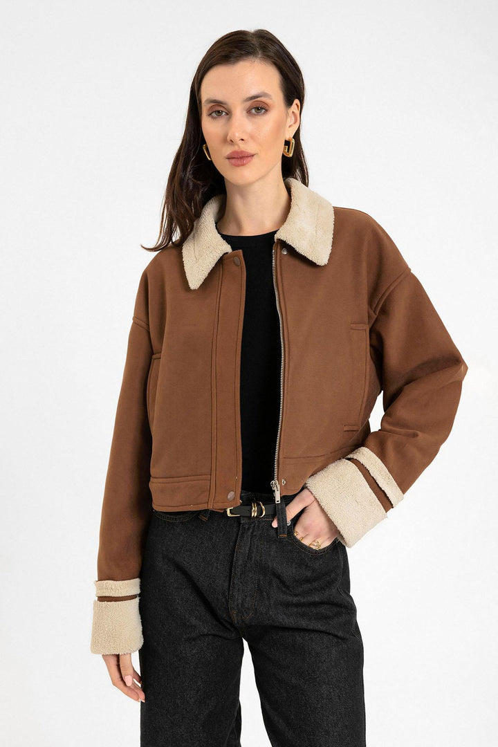 ANT Antioch Open Coffee Women's Lined Detailed Textured Coat - Los Reyes de Salgado