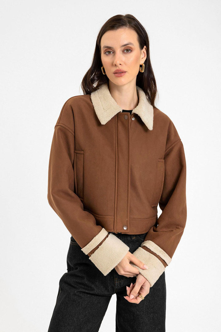 ANT Antioch Open Coffee Women's Lined Detailed Textured Coat - Los Reyes de Salgado