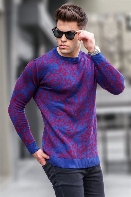 MDX Open Navy Patterned Bicycle Collar Sweater 5767 - Denia