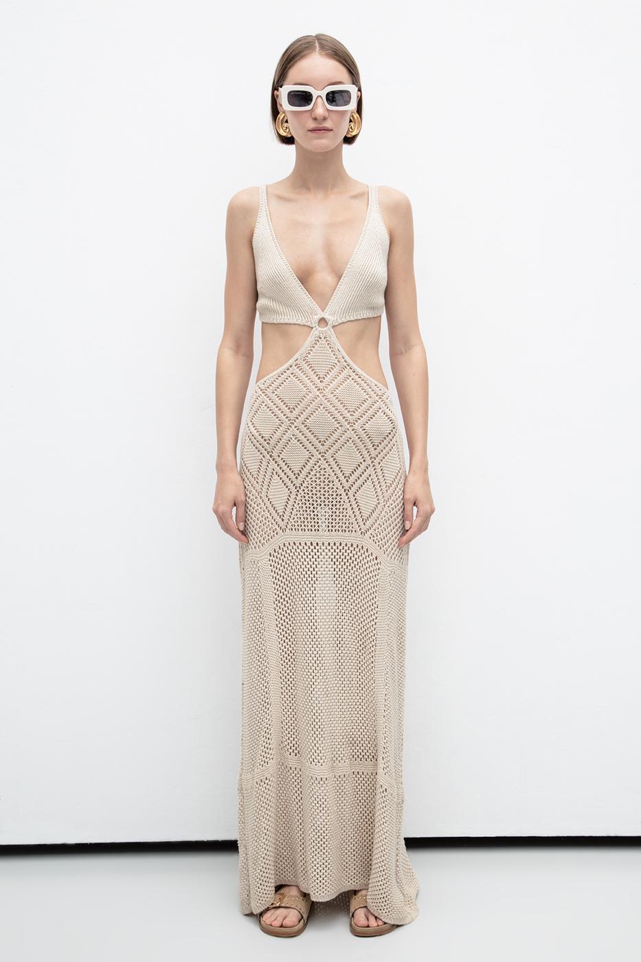 BSL Women Openwork Knit Maxi Dress - Geel