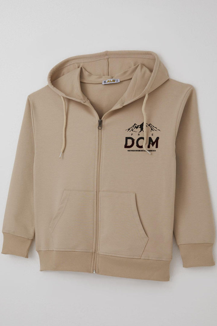 BRE Boy's Sweater with Zipper Motivation Theme Printed on the Back Part, 103 Years, Beige - Florence