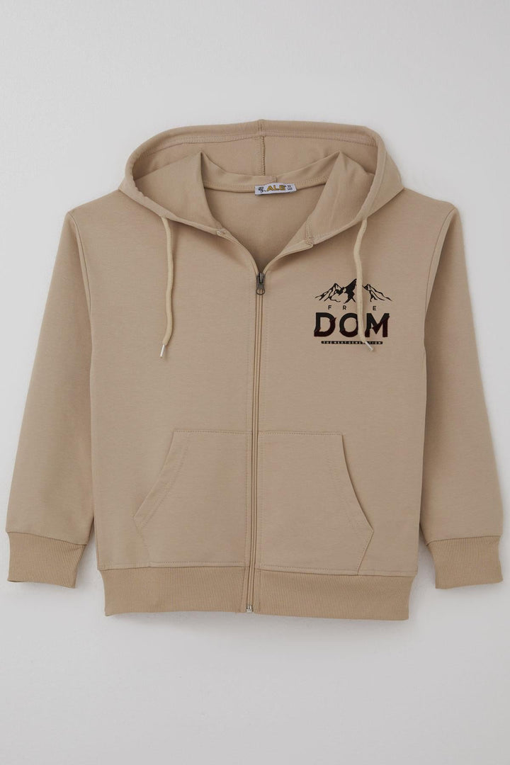 BRE Boy's Sweater with Zipper Motivation Theme Printed on the Back Part, 103 Years, Beige - Florence