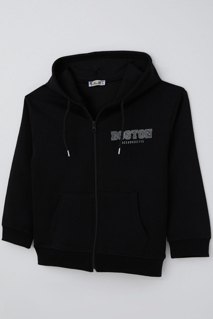 BRE Boy's Hooded Sweater with Printed Detail on the Back, 6-9 Years, Black - Highlands Ranch