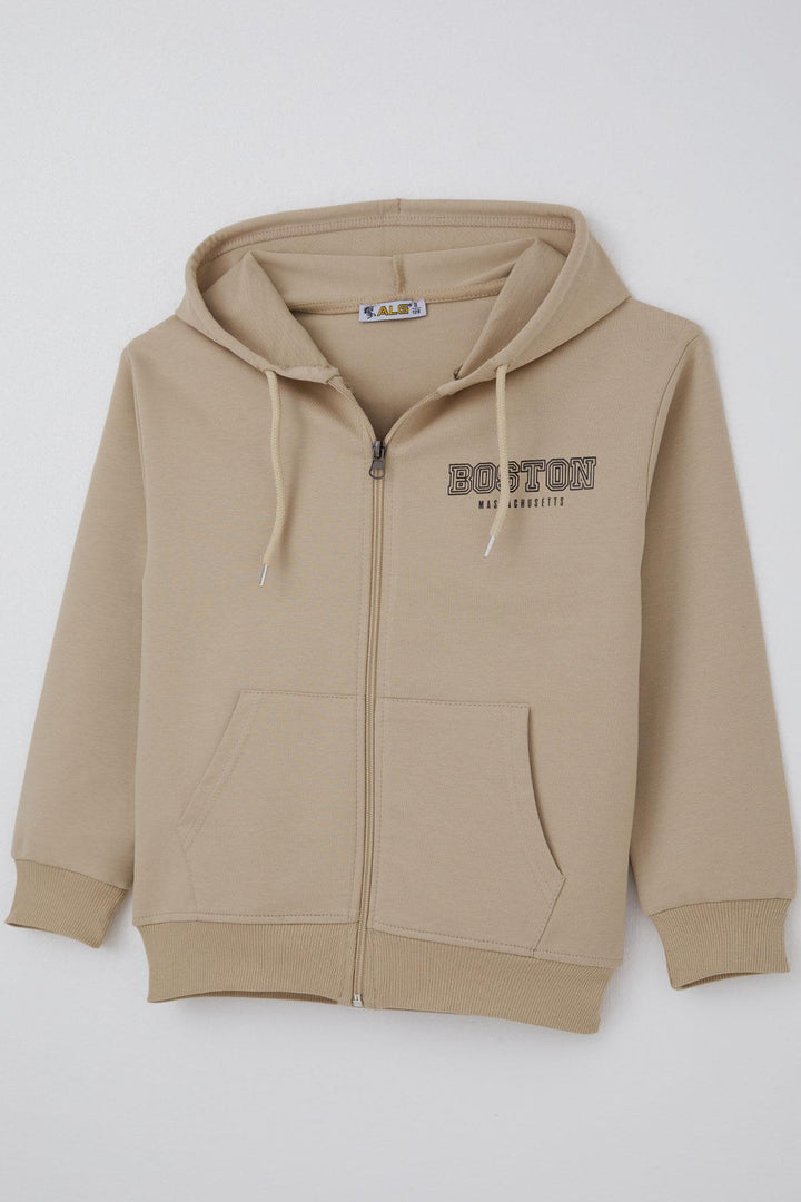 BRE Boy's Hooded Sweater with Printed Detail on the Back, 6-9 Years, Beige - Lewiston