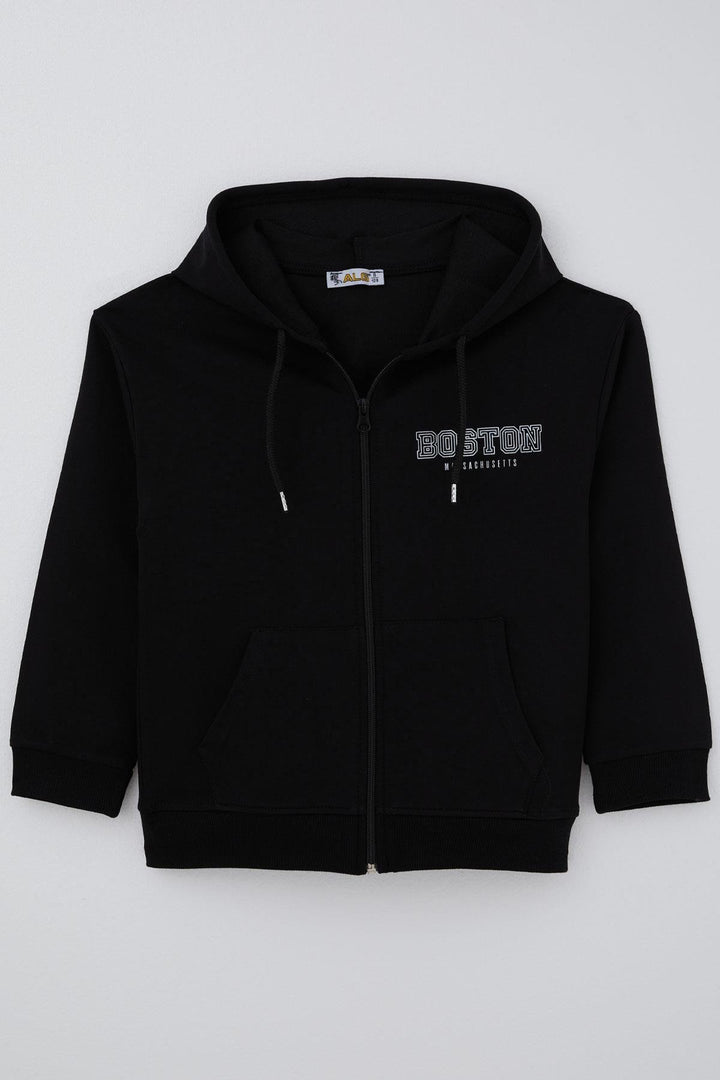 BRE Boy's Hooded Sweater with Printed Detail on the Back, 6-9 Years, Black - Highlands Ranch
