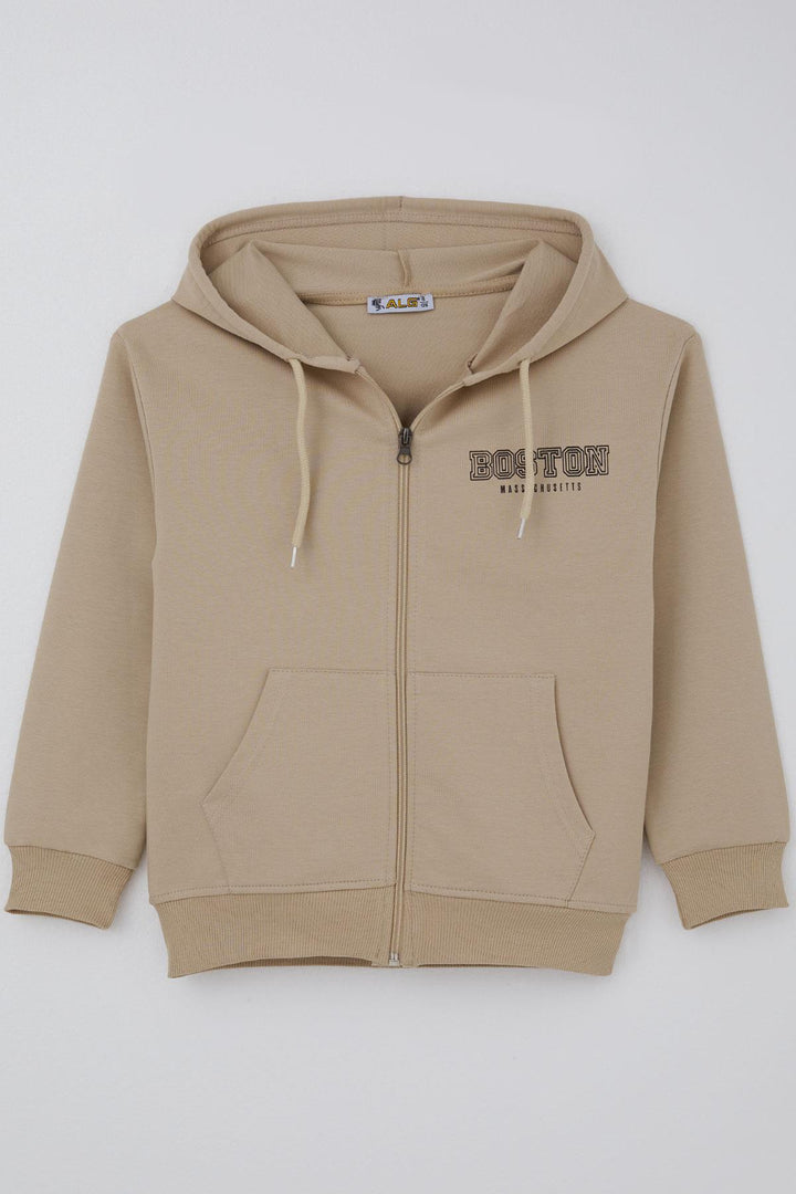 BRE Boy's Hooded Sweater with Printed Detail on the Back, 6-9 Years, Beige - Lewiston
