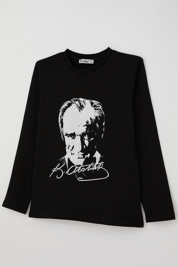 BRE Boys' Long Sleeve T-Shirt with Atatürk Portrait and Signature, 27 Years, Black - San Juan Cancuc