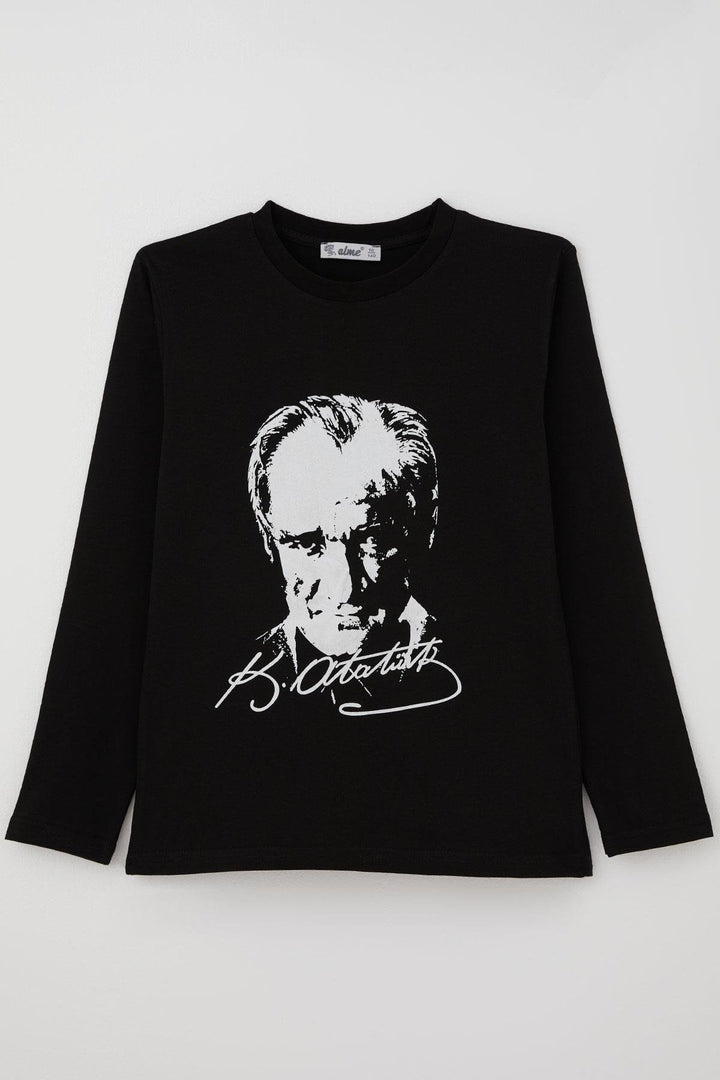 BRE Boys' Long Sleeve T-Shirt with Atatürk Portrait and Signature, 27 Years, Black - Ocala