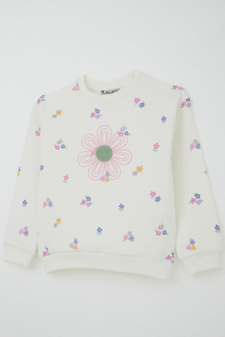 BRE Alg Girl Child Tracksuit Flower Embroidery and Printed 6-9 Years, Ecru - Goes