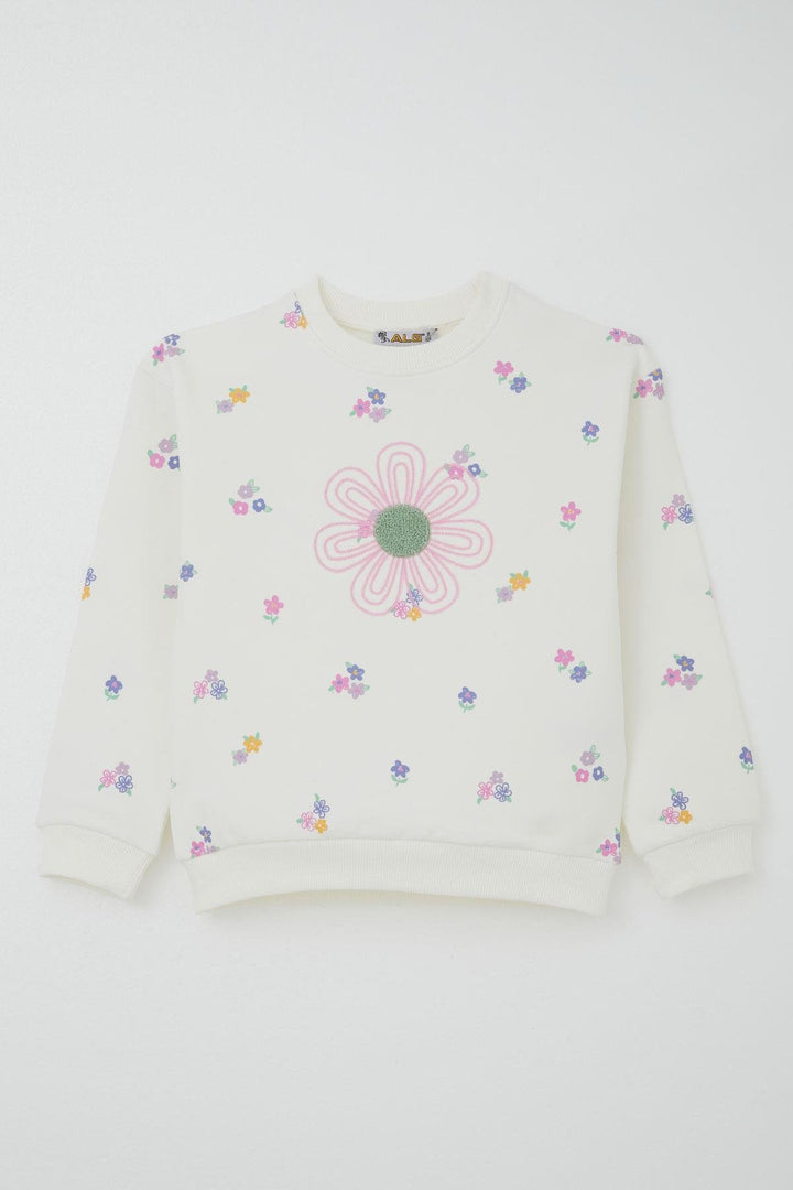 BRE Alg Girl Child Tracksuit Flower Embroidery and Printed 6-9 Years, Ecru - Goes