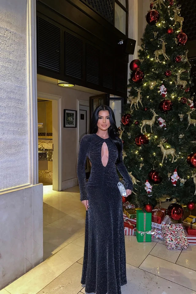 فستان EYY نسائي لامع بتفصيل نافذة سوداء - ساليهورسك