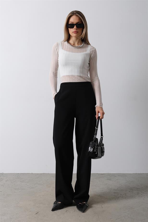 RYN Half Elastic Waist Palazzo Pants - Black - Enfield