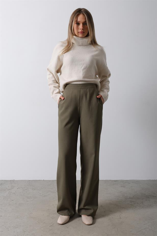 RYN High Waist Half Elastic Palazzo Pants - Khaki - Cabo San Lucas