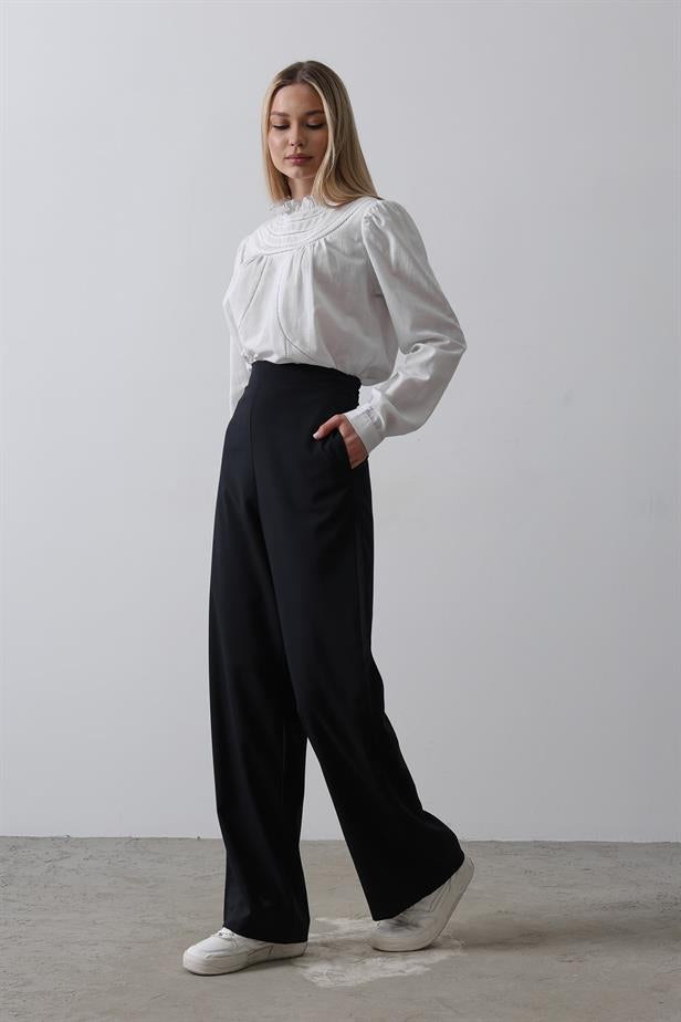 RYN Half Elastic Waist Palazzo Pants - Navy Blue - Gravesend