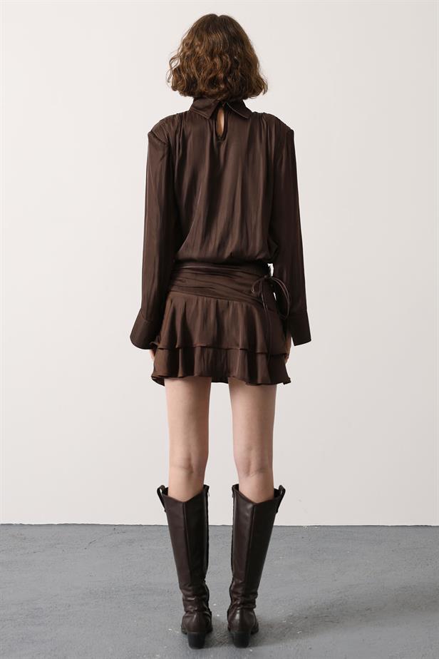 RYN LARGE BELT DETAILED SATIN MINI SKIRT - Brown - Stoke-on-Trent