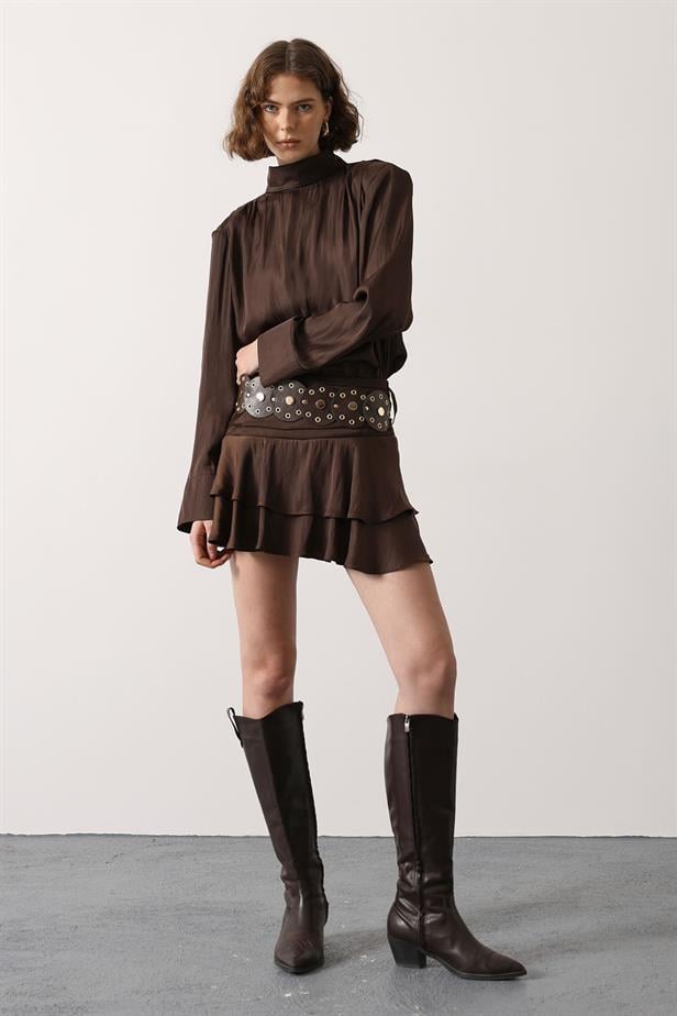 RYN LARGE BELT DETAILED SATIN MINI SKIRT - Brown - Stoke-on-Trent
