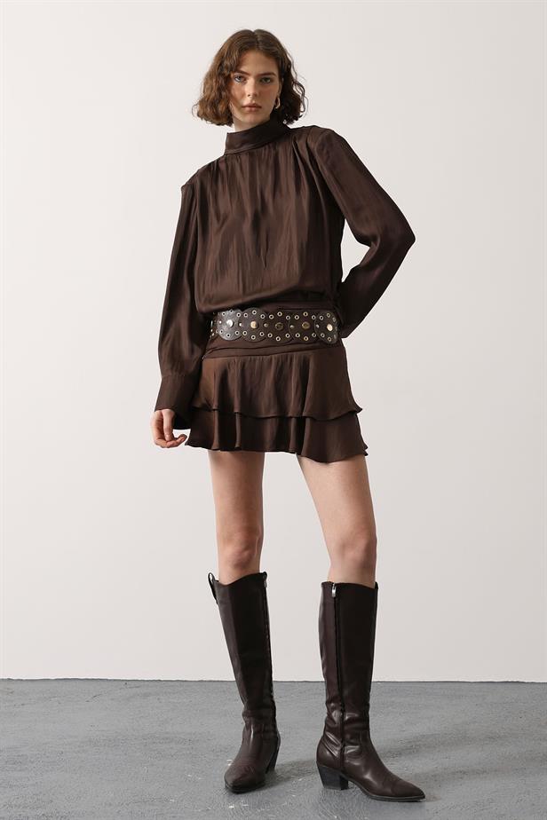 RYN LARGE BELT DETAILED SATIN MINI SKIRT - Brown - Stoke-on-Trent