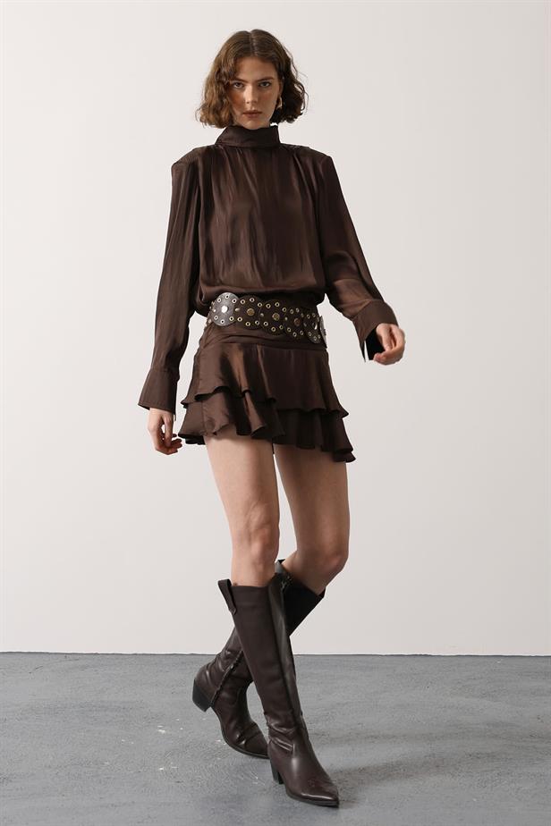 RYN LARGE BELT DETAILED SATIN MINI SKIRT - Brown - Stoke-on-Trent