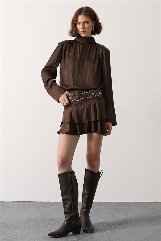 RYN LARGE BELT DETAILED SATIN MINI SKIRT - Brown - Stoke-on-Trent