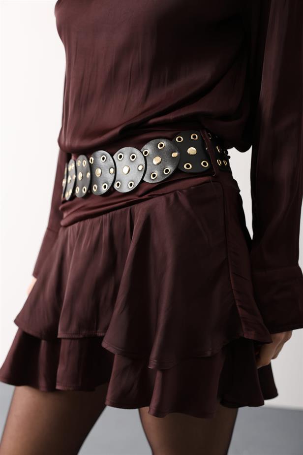RYN LARGE BELT DETAILED SATIN MINI SKIRT - Burgundy - Watsonville