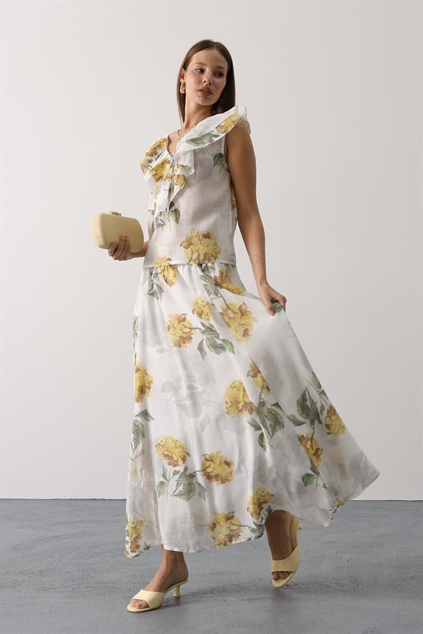 RYN FLOWER PATTERN MAXI SKIRT - Yellow - Zongolica
