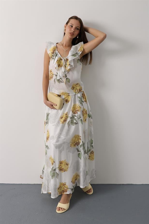 RYN FLOWER PATTERN MAXI SKIRT - Yellow - Zongolica