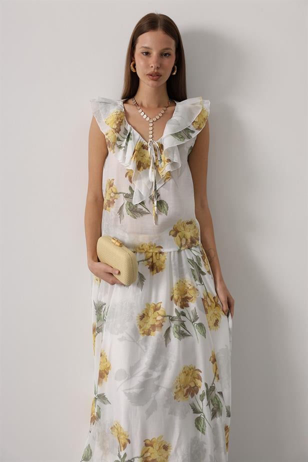 RYN FLOWER PATTERN MAXI SKIRT - Yellow - Zongolica