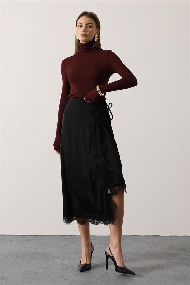 RYN LACE-TRIMMED SATIN SKIRT - Black - Heerhugowaard