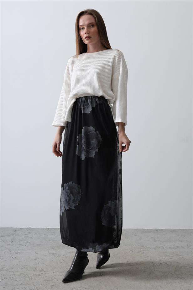 RYN Rose Pattern Tulle Skirt - Gray - Battipaglia
