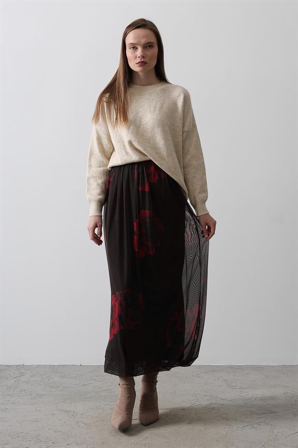 RYN Rose Pattern Tulle Skirt - Red - Melitopol