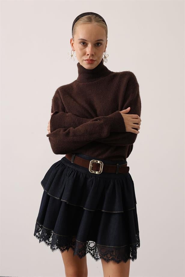 RYN LACE-TRIMMED DENIM SKIRT WITH BELT - Navy Blue - Zhytomyr