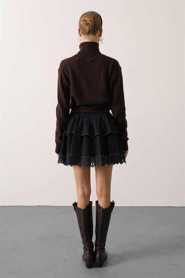 RYN LACE-TRIMMED DENIM SKIRT WITH BELT - Navy Blue - Zhytomyr