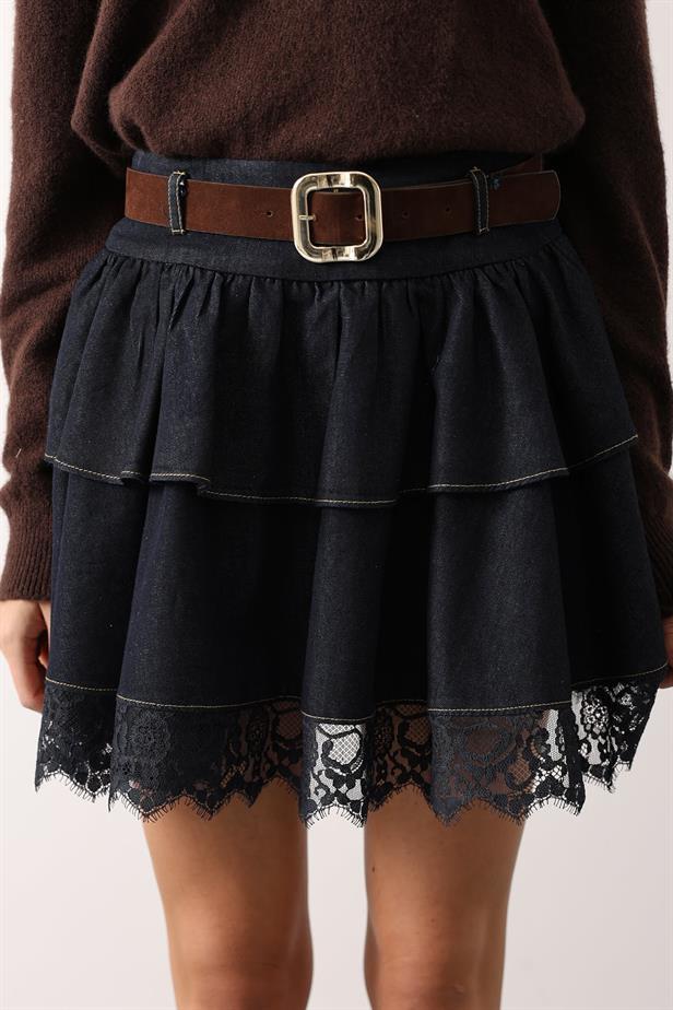 RYN LACE-TRIMMED DENIM SKIRT WITH BELT - Navy Blue - Zhytomyr