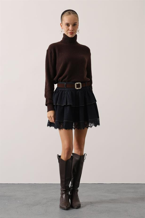 RYN LACE-TRIMMED DENIM SKIRT WITH BELT - Navy Blue - Zhytomyr