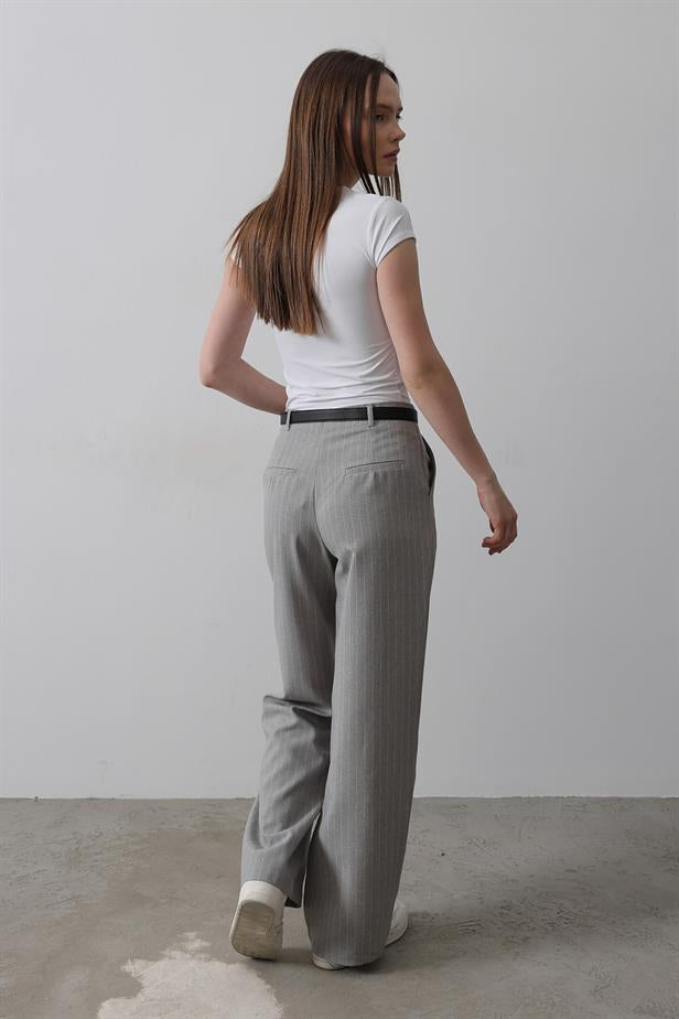 RYN Belted Palazzo Pants - Gray-White - West Sacramento