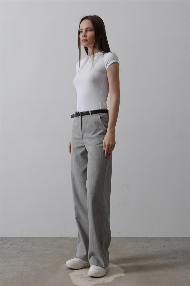 RYN Belted Palazzo Pants - Gray-White - West Sacramento