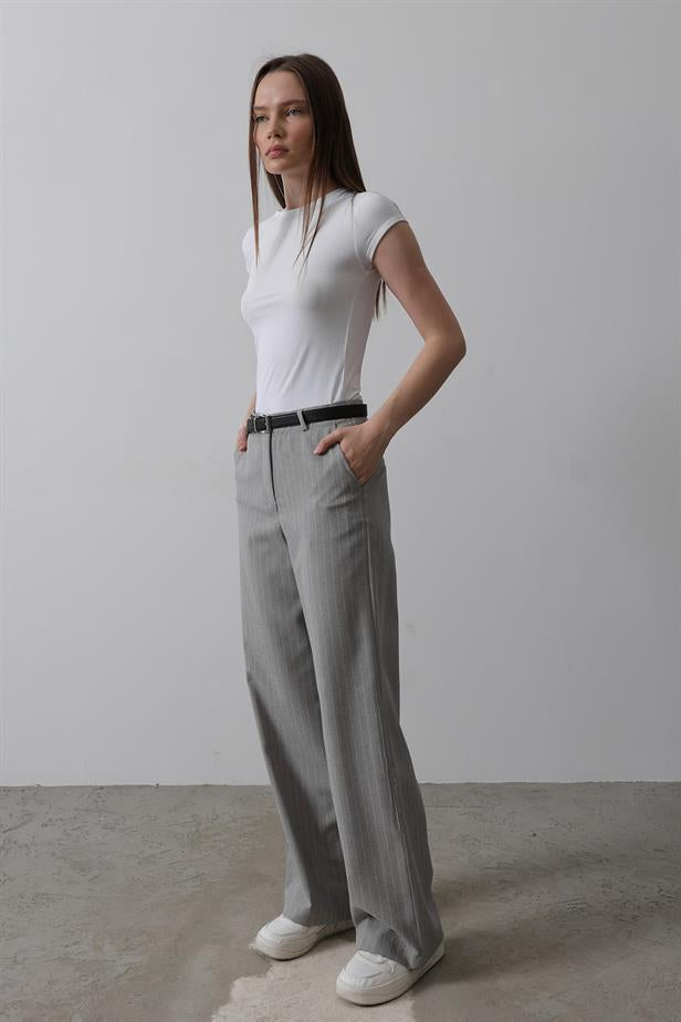 RYN Belted Palazzo Pants - Gray-White - West Sacramento