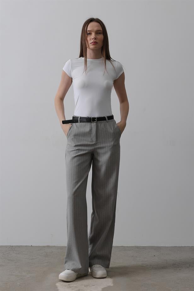 RYN Belted Palazzo Pants - Gray-White - West Sacramento