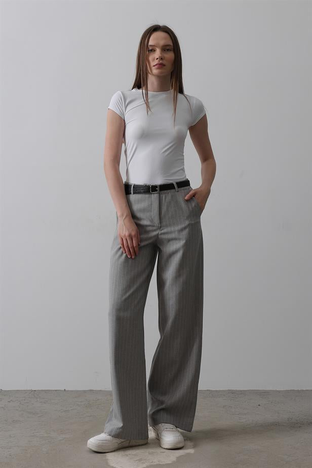 RYN Belted Palazzo Pants - Gray-White - West Sacramento