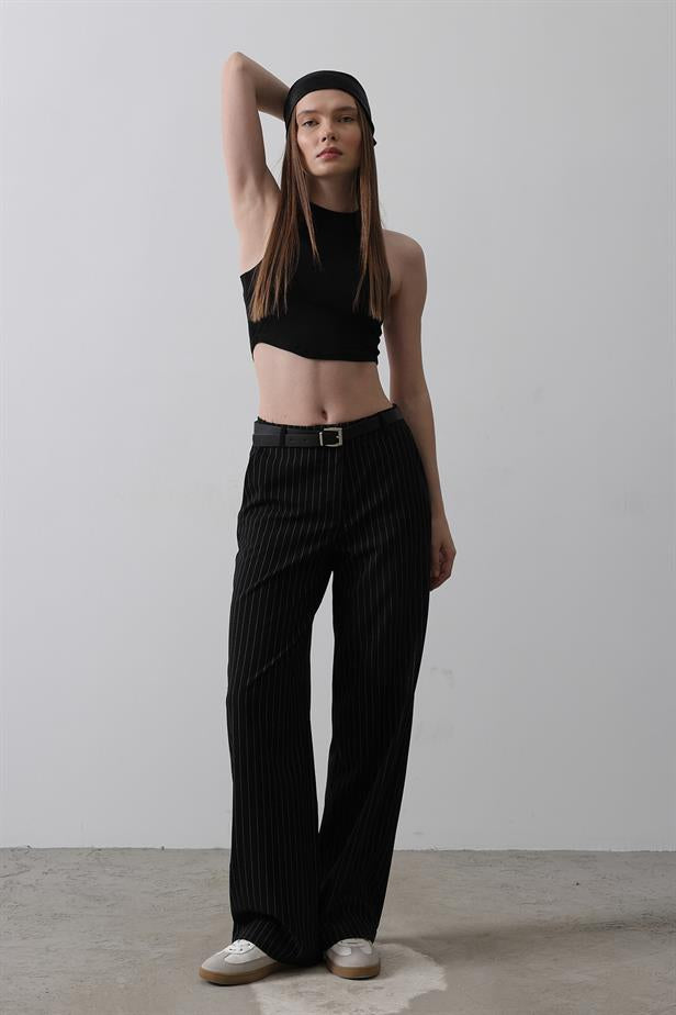 RYN Belted Palazzo Pants - Black-White - Aubagne