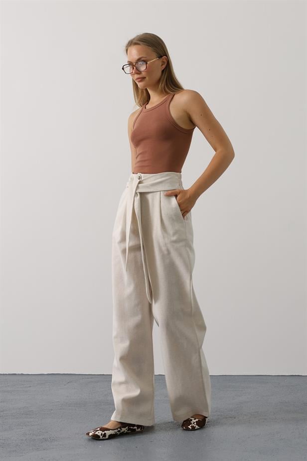 RYN Belted Detailed Palazzo Pants - Cream - Stryi