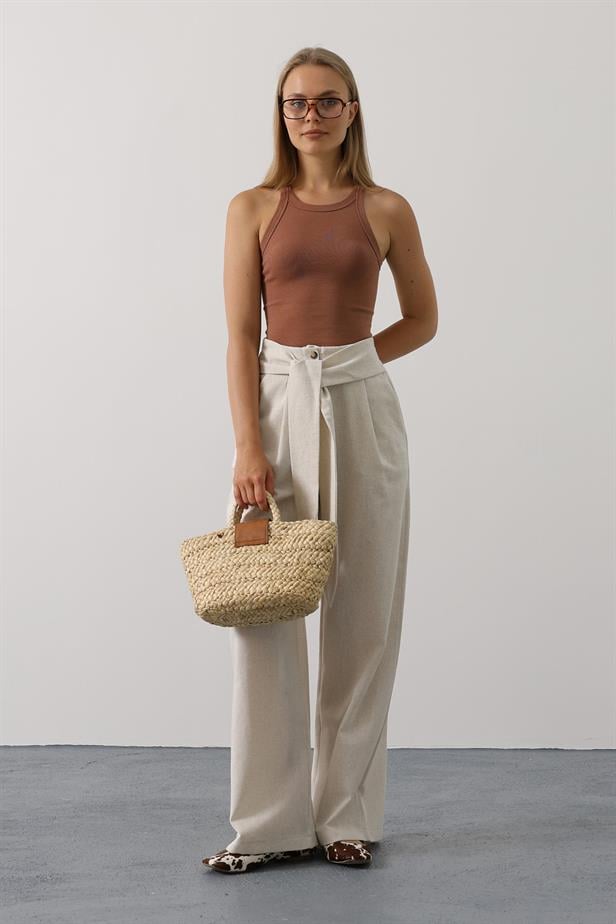 RYN Belted Detailed Palazzo Pants - Cream - Stryi